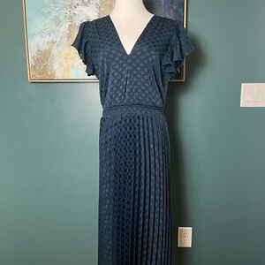 Mac Studio Navy Polka Dot Pleated Dress - V-Neck